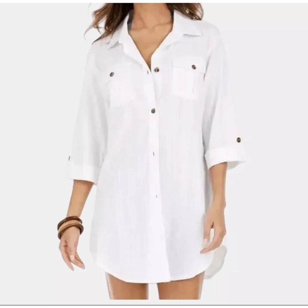 Dotti Womens White Textured Striped Cotton Roll Tab Button Up Shirt Large